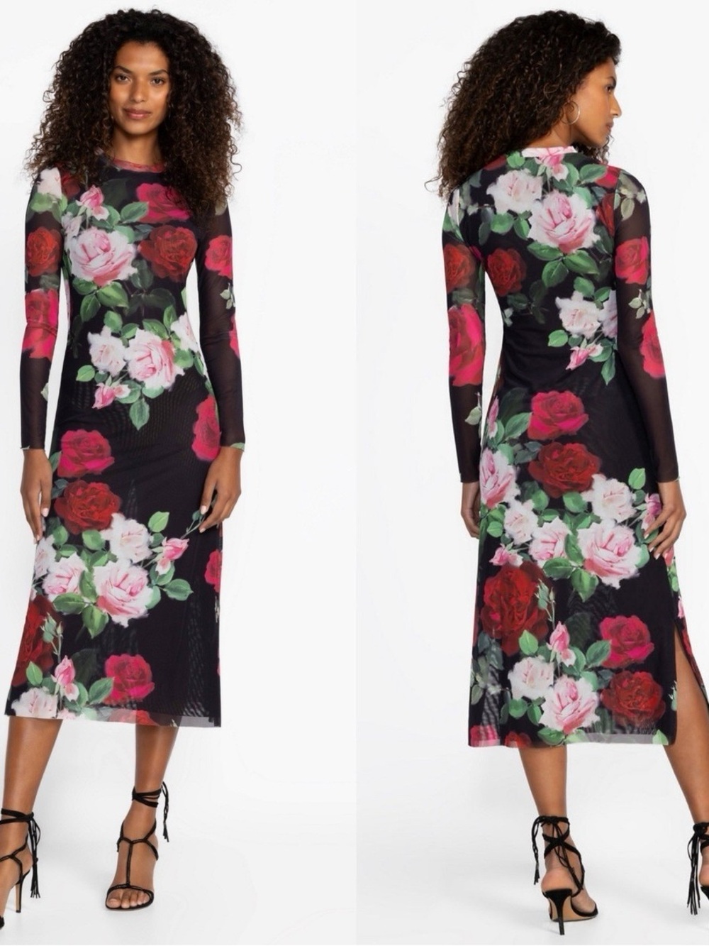 JOHNNY WAS JADE dress /  long sleeve mesh black floral rose print midi / S